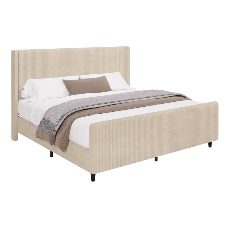 Vertical Stripe Wingback Bed Corduroy Fabric Frame Platform Bed