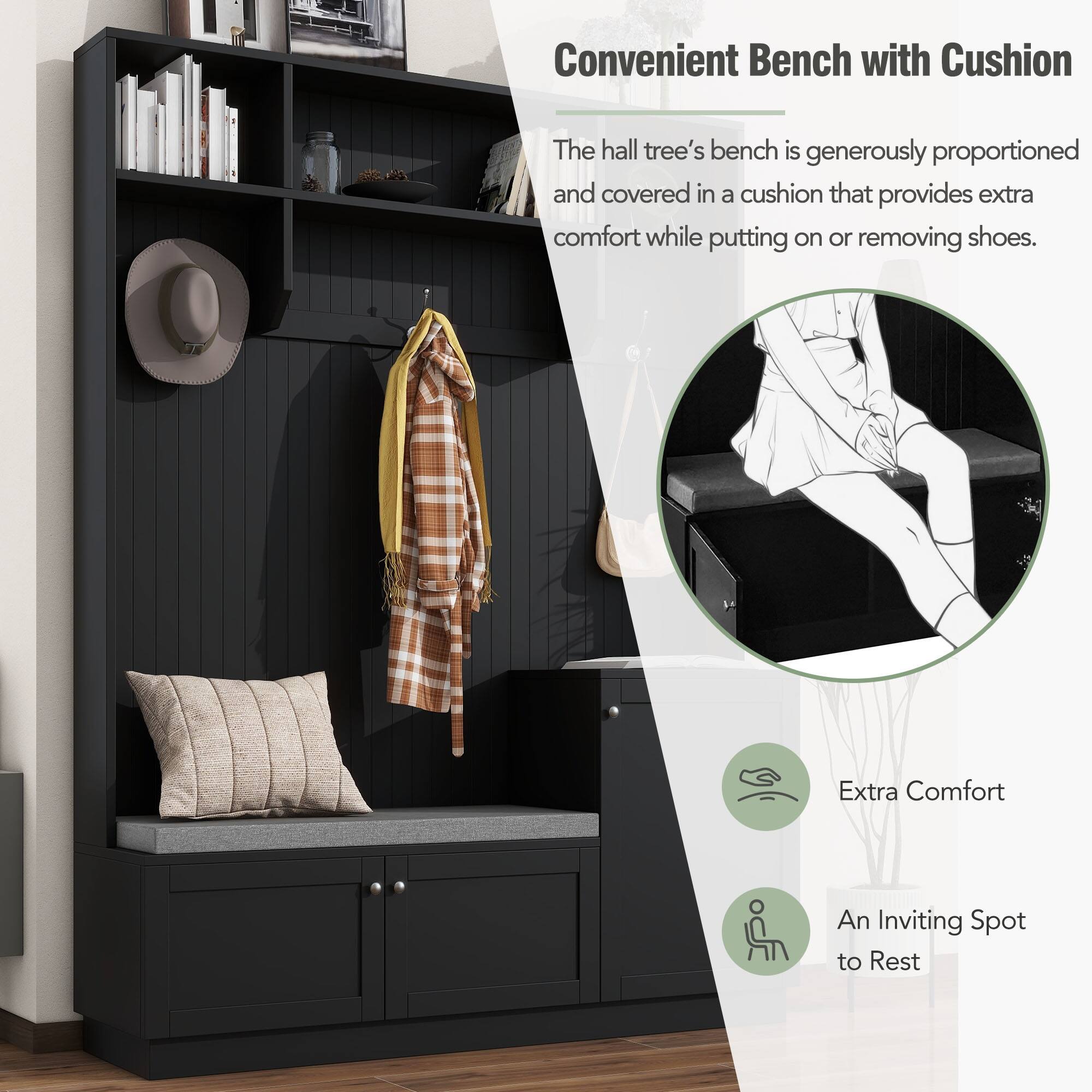 Modern Hall Tree, Shoe with Bench & Cushion, Coat Rack with