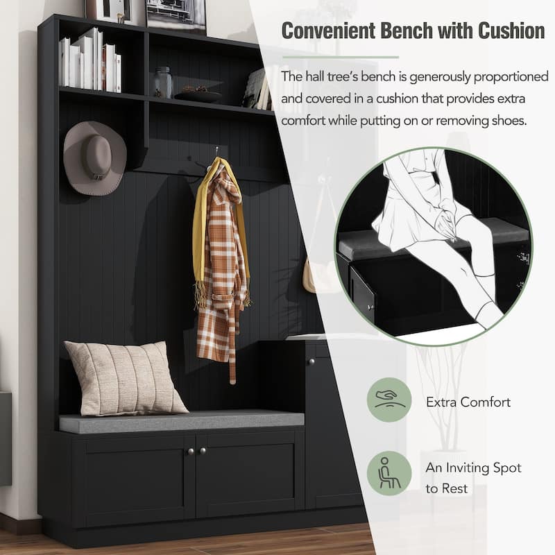 Modern Hall Tree with Padded Bench, 3 Cabinets, 3 Hooks, Shelves, Entryway Coat Rack & Shoe Storage, 59" Wide