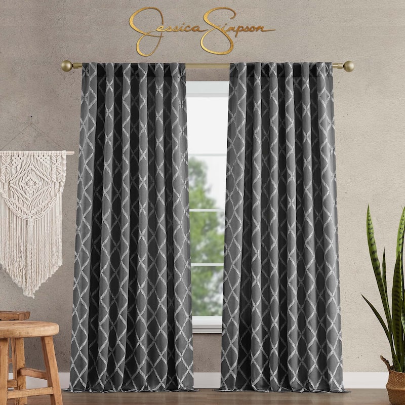 Jessica Simpson Lynee Textured Diamond Patterned Blackout Back-Tab Window Curtain Panel Pair with Tiebacks - 104 x 84 - Grey