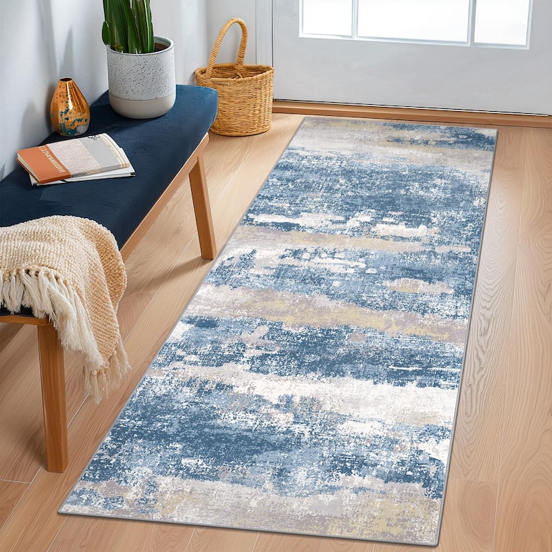 Mcow Modern Abstract Blue & Cream Low-Pile Area Rug - 2'X10' - Blue - Rectangle