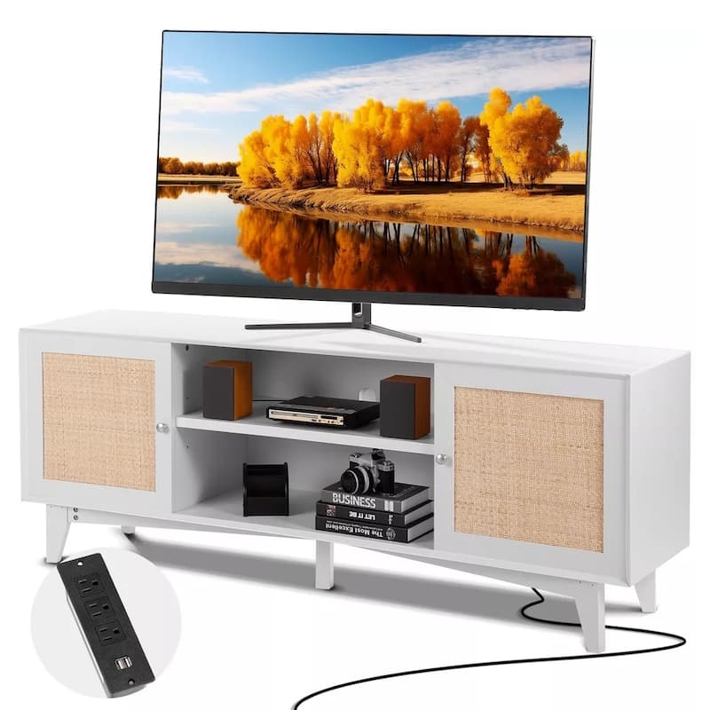 Rattan TV Stand for 75" TV Boho TV Stand with Build-in Socket White - 65 inches