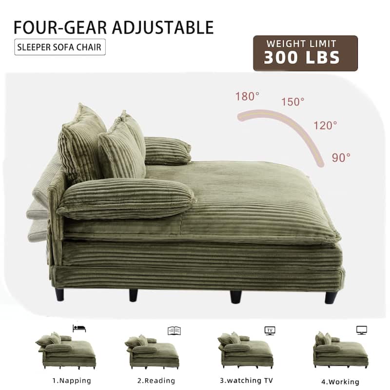Corduroy Adjustable Chaise Lounge Chair, Sofa Bed with 2 Pillows