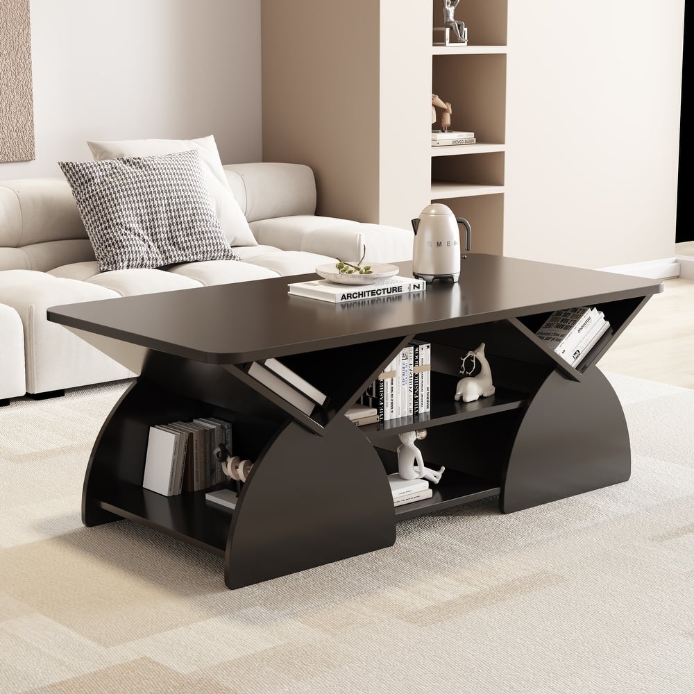 Engineered wood rounded corner rectangular coffee table for living room, easy assembly storage table