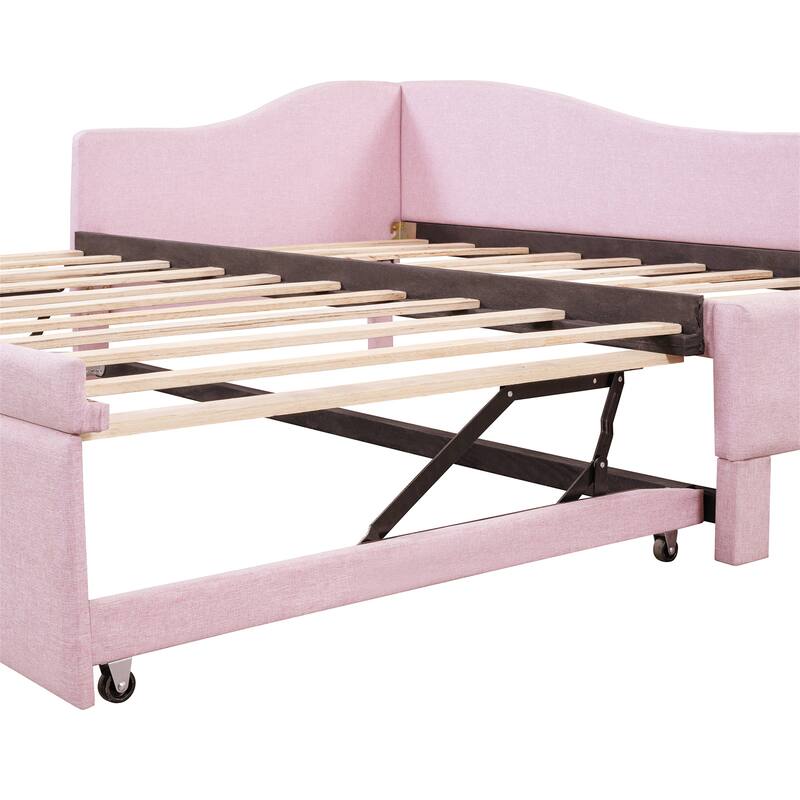 Twin Size Upholstered Daybed with Pop-Up Trundle, L-Shaped Backrest
