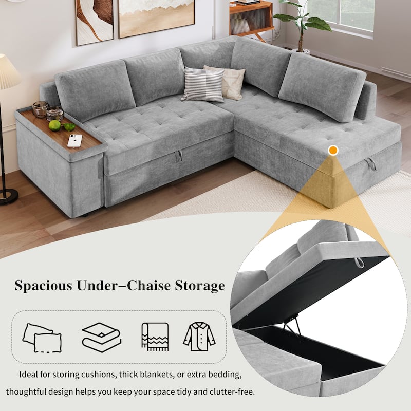 91.5" L-Shaped 4-Seater Sleeper Sofa with Chaise, Pull-Out Bed, Hidden Storage, and Functional Armrests