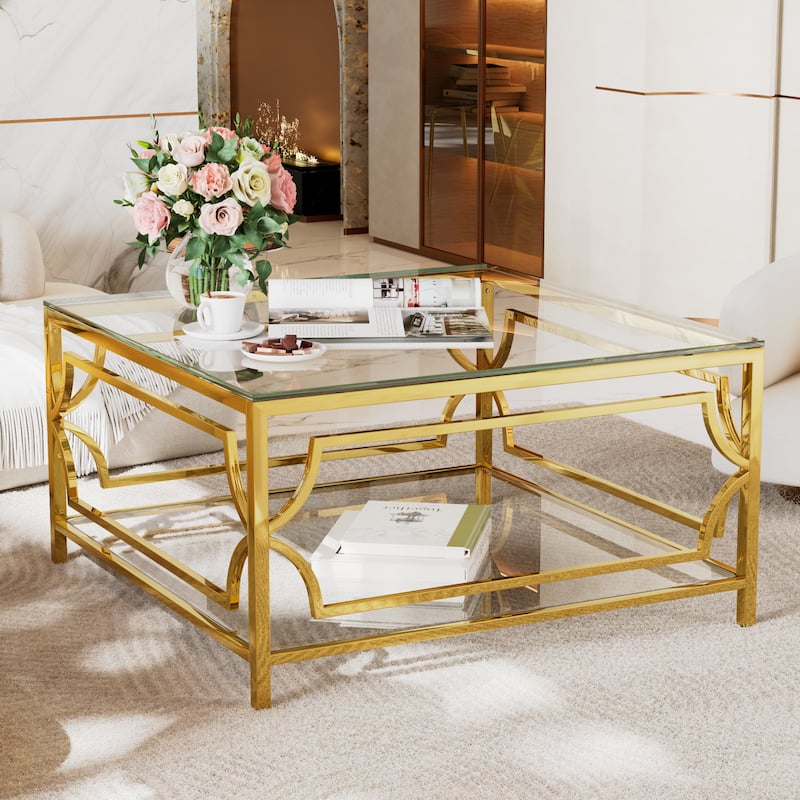 Square Glass Coffee Table in 33.5",Luxurious Geometric Metal Frame,Gold Finish & Lower Shelf