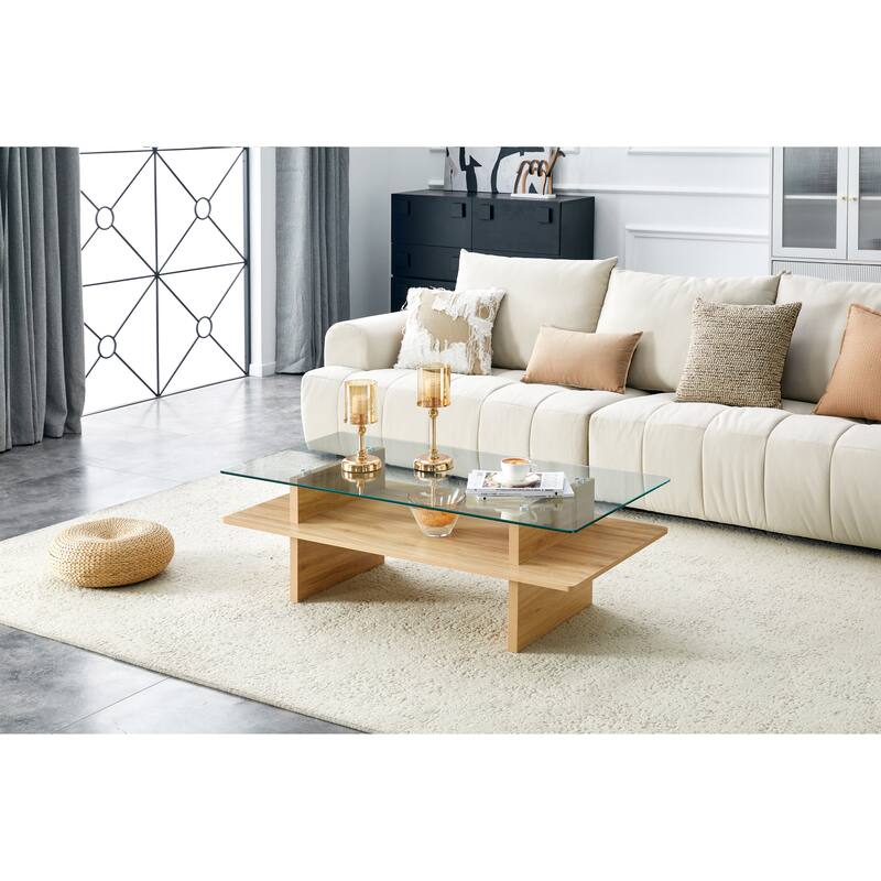 Two-Tier Tempered Glass & MDF Coffee Table, Natural Wood Finish Modern Double-Layer Coffee Table with Sturdy Frame - Wood