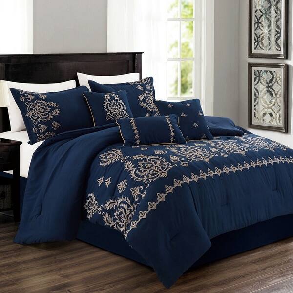 Embroidery Comforter Set 7 Alternative King Navy Blue On Sale Bed Bath & Beyond 37316355
