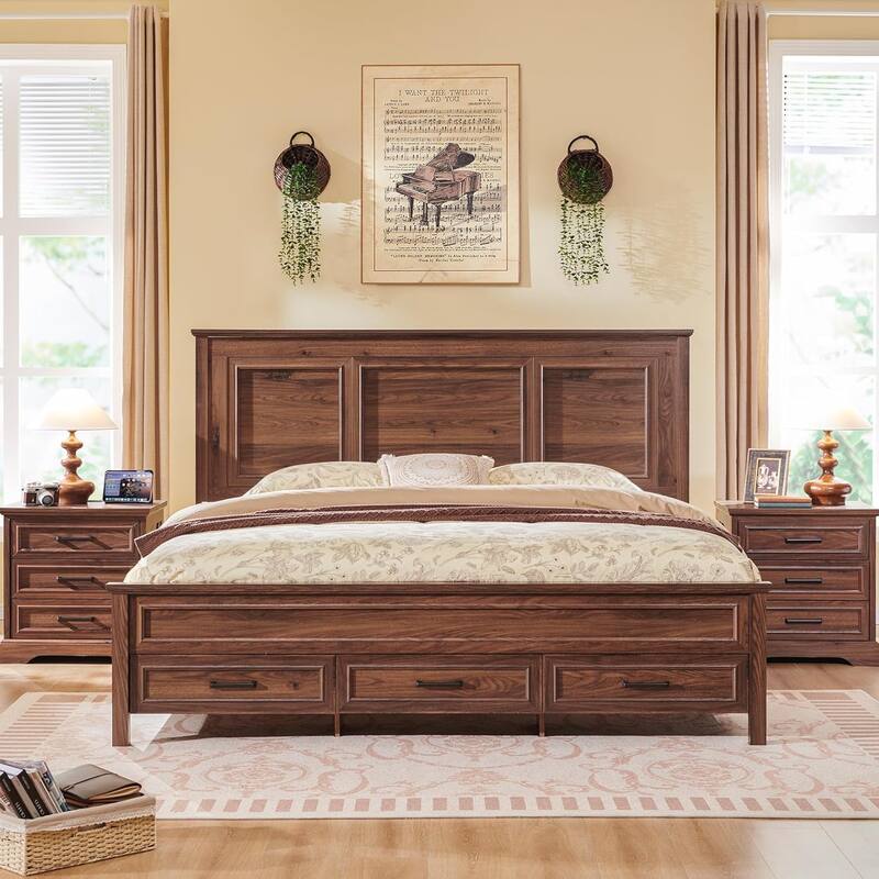 Farmhouse Queen Wood Bed Frame with 52" Tall Headboard & Footboard