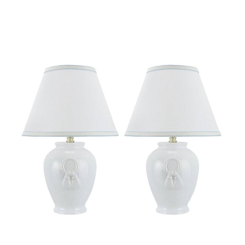 Aspen Creative Two Pack Set, 17" High, Ceramic Table Lamp, White with Hardback Empire Lamp Shade in Off-White, 11 1/2" Wide - WHITE