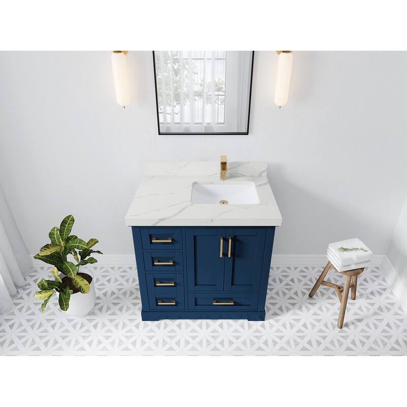 Willow Collections 36 x 22 Boston Right Offset Sink Bathroom Vanity with Quartz or Marble Countertop - 2"Calacatta Laza - Navy Blue