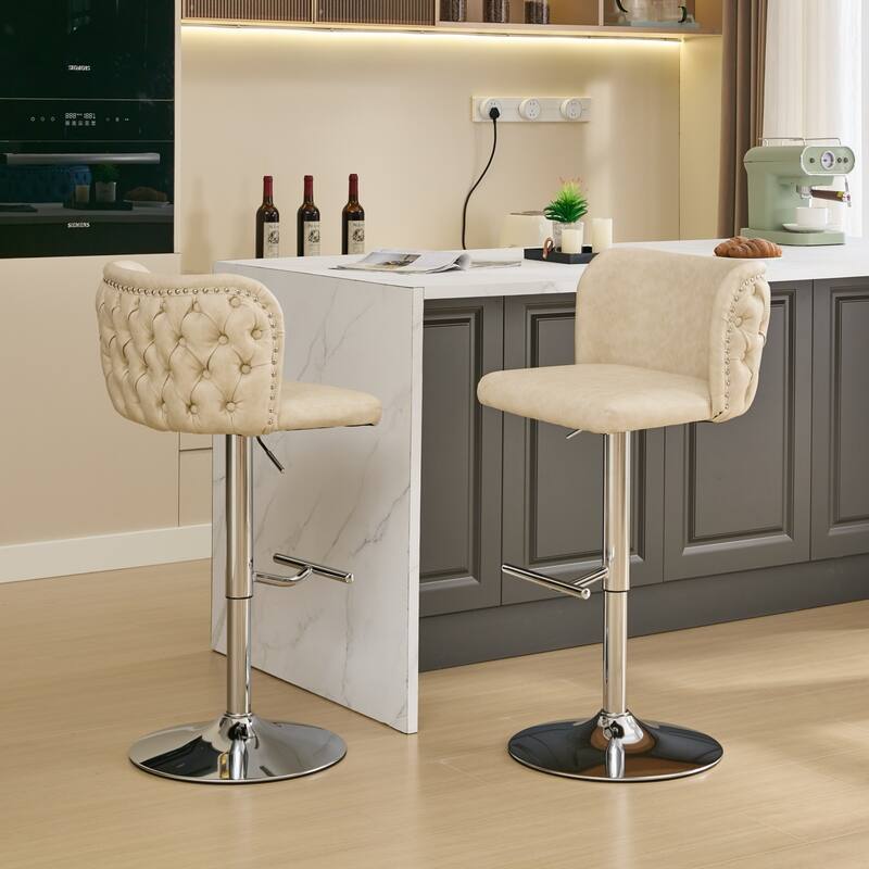 Swivel Barstools Adjusatble Seat Height With Chrome Base, Modern PU Upholstered Bar Stools with the whole Back Tufted - Beige