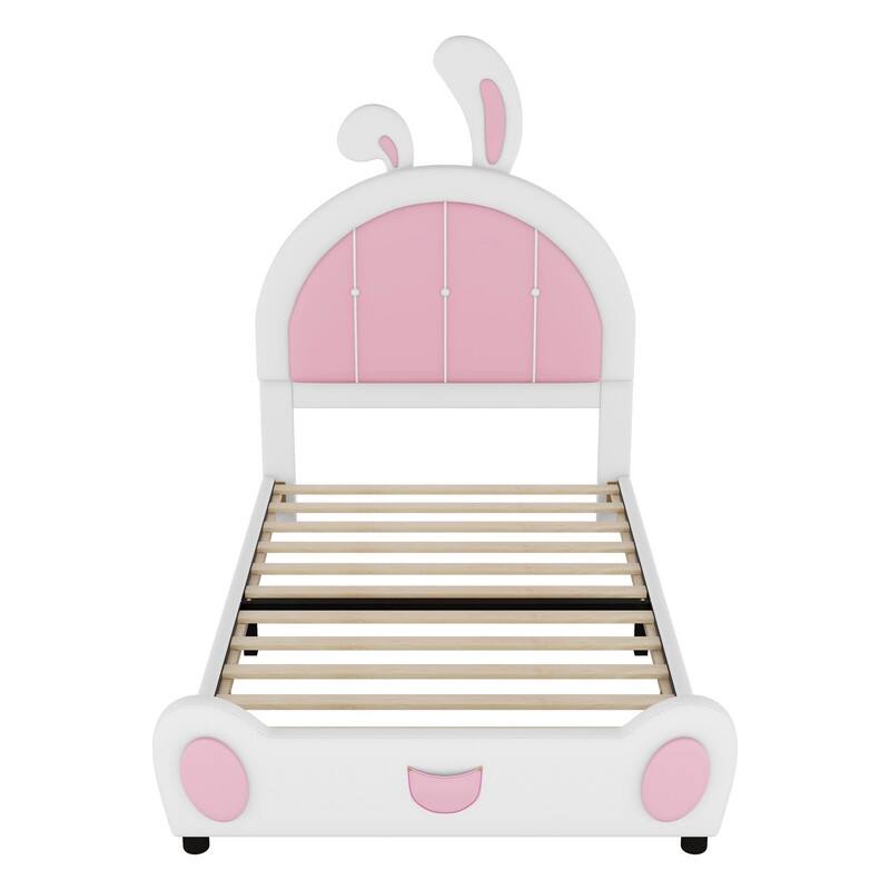 Twin Size Upholstered Platform Bed with Ribbit Shaped Headboard, Cute Animal Shaped Bed Frame with Bed End Storage Pocket