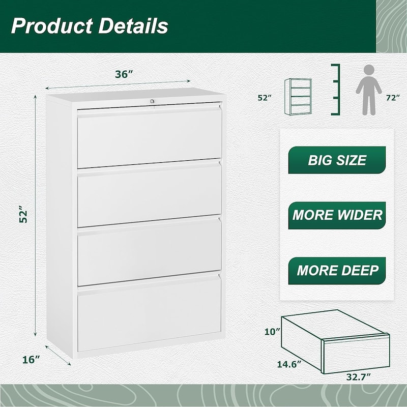 36"W 4 Drawer Large Deep Locking Metal Lateral File Cabinet