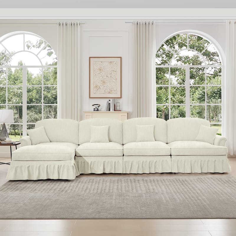 GDFStudio - Classic L-Shaped Chenille 4-Seater 137.8" Sectional Sofa with Ottoman - Beige+White