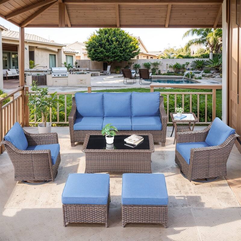 Outside Patio Sofa Chair Set with Cushions - Brwon Wicker Blue Cushion - 7PCS Swivel Chair with Sofa Ottoman Table