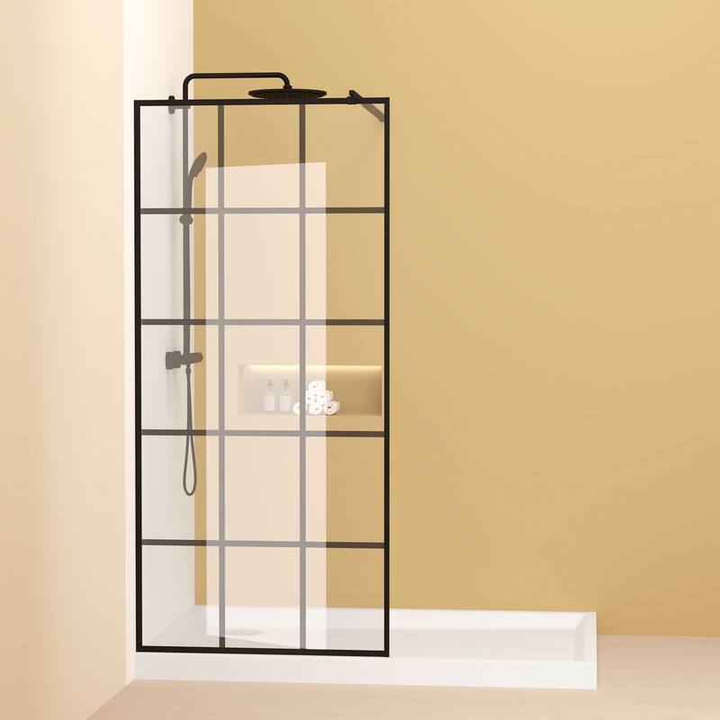 GDFStudio - Emerson Frameless Style Shower Screen with Silk-Printed Tempered Glass and Support Bar - 34" Width x 72"Height - Matte Black - 34" Width x 72"Height