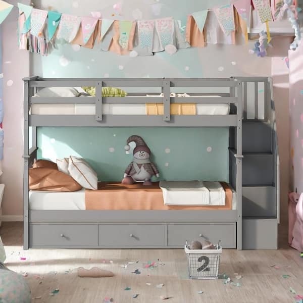 slide 2 of 55, Twin-Over-Twin Bunk Bed with Three Drawers for Bedroom Gray