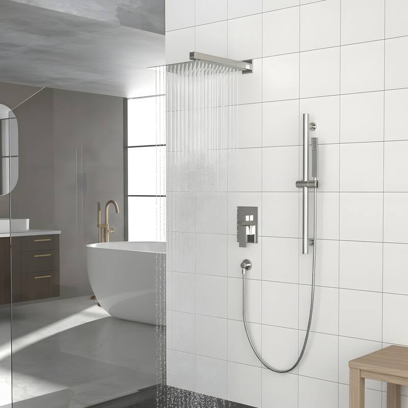 Wall Mounted Square Shower System and Handheld Showerhead Set - 10" - Brushed Nickel