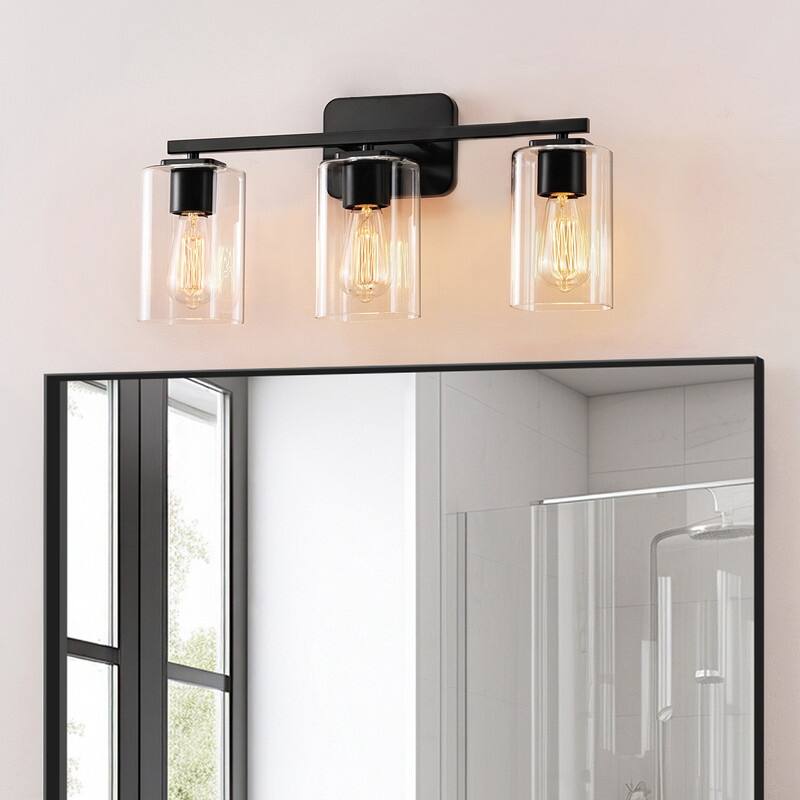 KAWOTI 3 Light Bathroom Vanity Light with Rectangular Glass Shade - Black