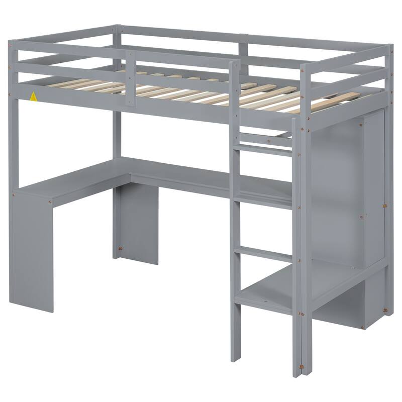 Twin Size Loft Bed with L-Shaped Desk, Wardrobe, Storage Shelves & Full-Length Guardrails, No Box Spring Needed