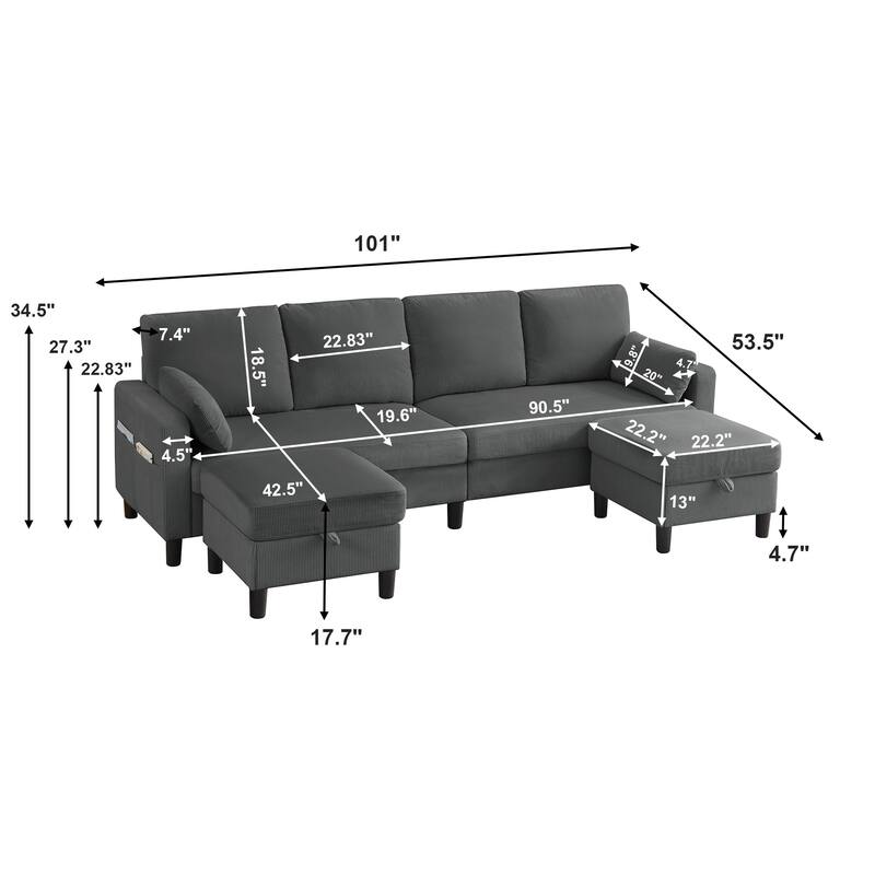 101" Corduroy U Shaped Sectional Sofa with Storage Ottoman