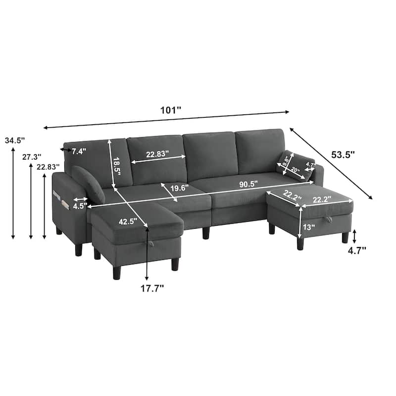 101'' Corduroy Upholstered Sectional Sofa With Storage Ottoman