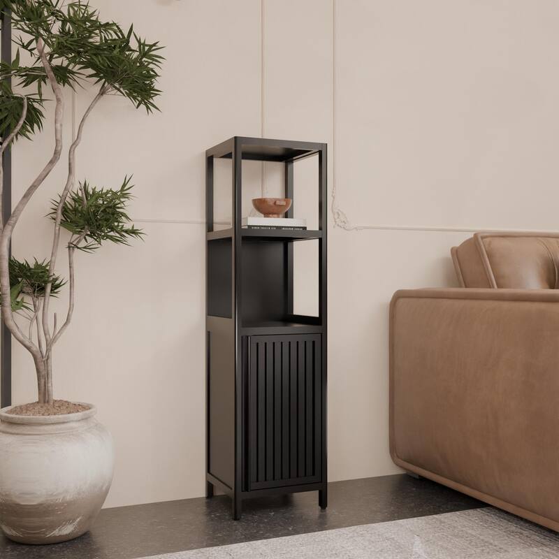 A 52-foot-tall black linen tower bamboo storage cabinet, suitable for main living spaces - Black