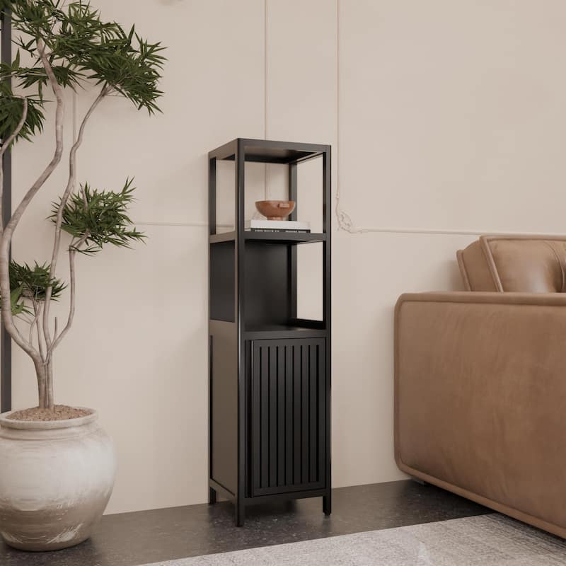 Bamboo Storage Cabinet with Doors and Open Shelves, Narrow Freestanding Tower Cabinet Accent Cabinet