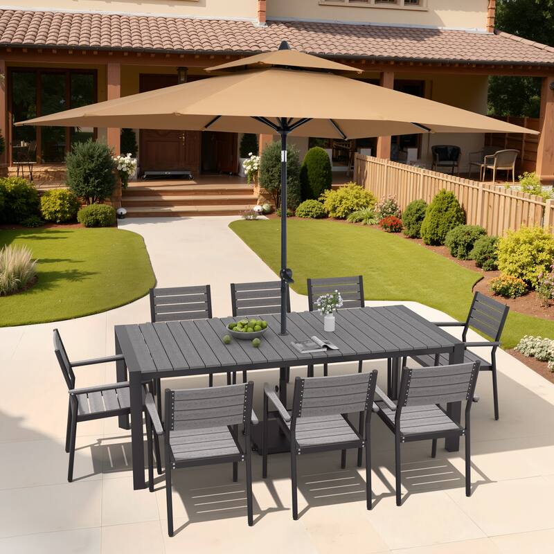 9/11-Piece Patio Dining Set Aluminum Dining Table and Chairs w/10 ft Market Umbrella and Base with Wheels - Set of 11 - Grey Table with Tan Umbrella