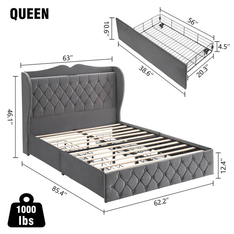 Queen Bed Frame with 4 Storage Drawers