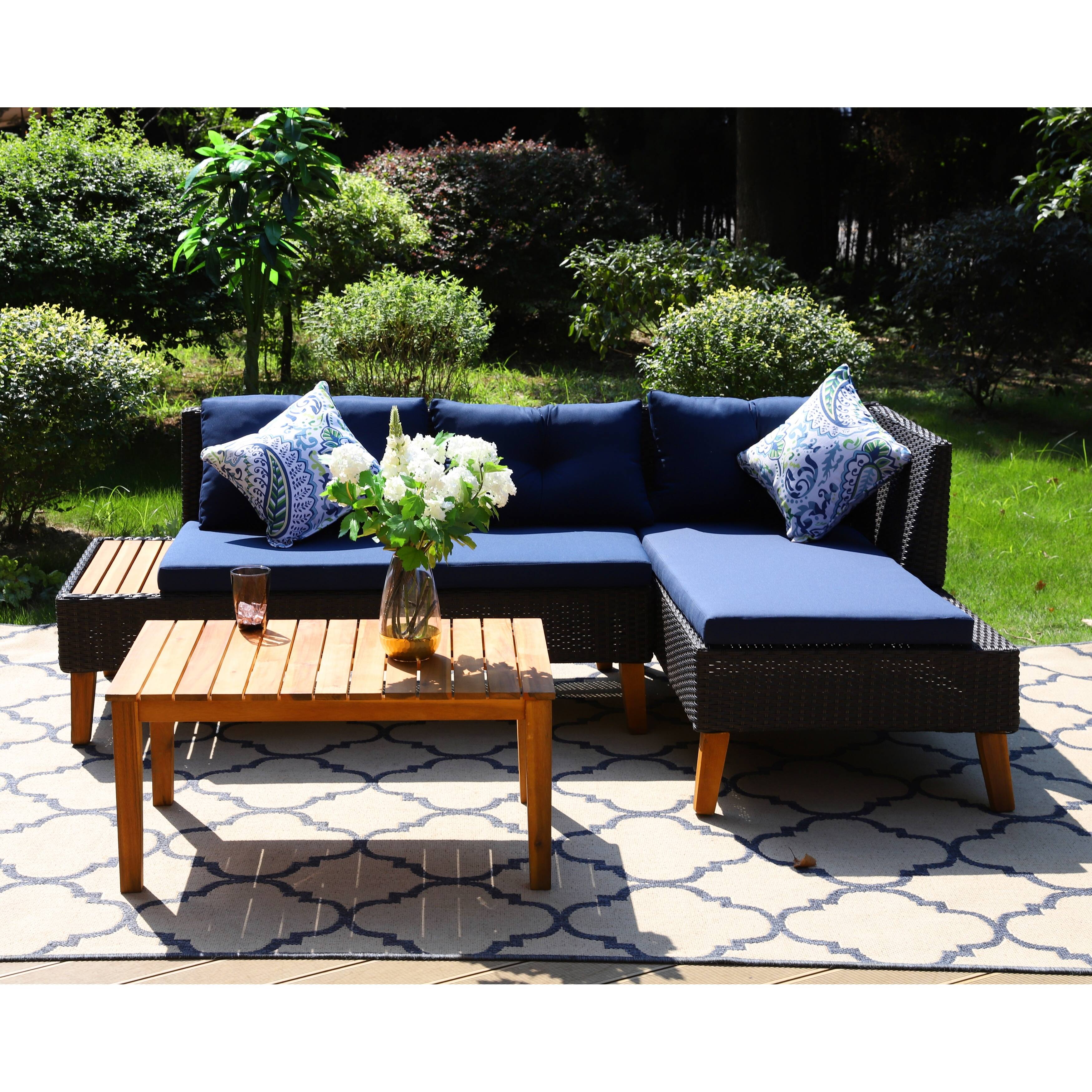 PHI VILLA 3Piece Outdoor Rattan & Wood Sectional Sofa Conversation Set