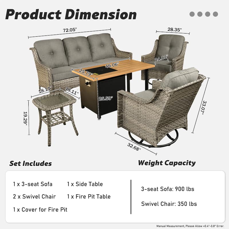OVIOS 5 Pieces Outdoor Wicker Curved Swivel Chair Set With Fire Table