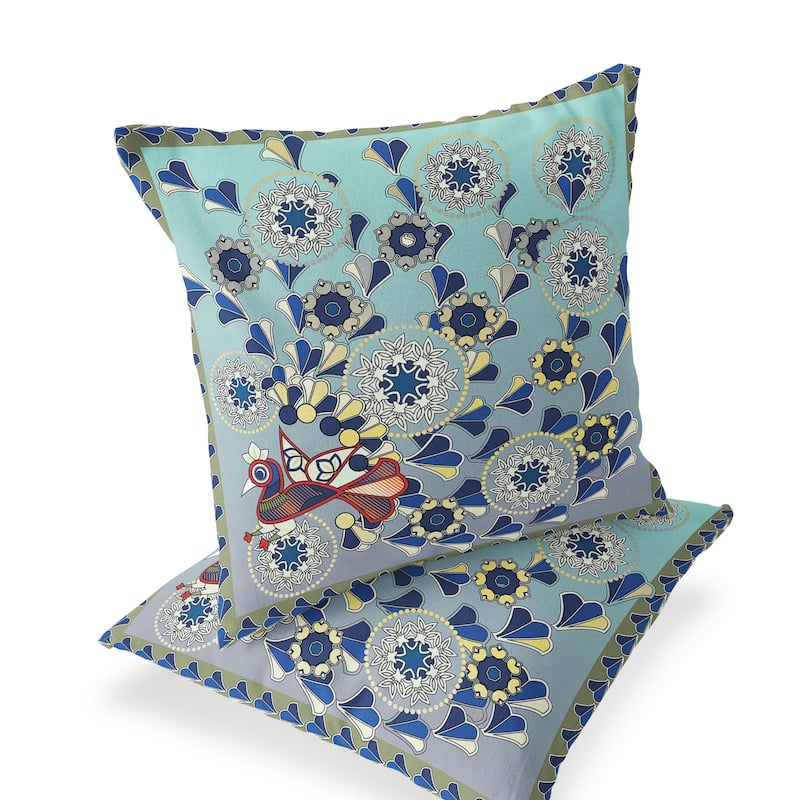 HomeRoots Set of Two 16" X 16" Green and Brown Peacock Blown Seam Floral Indoor Outdoor Throw Pillow - 16.00' X '16.00' X '5.00