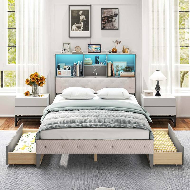 Costway Full Size Bed Frame with Bookcase Headboard Storage Bed with