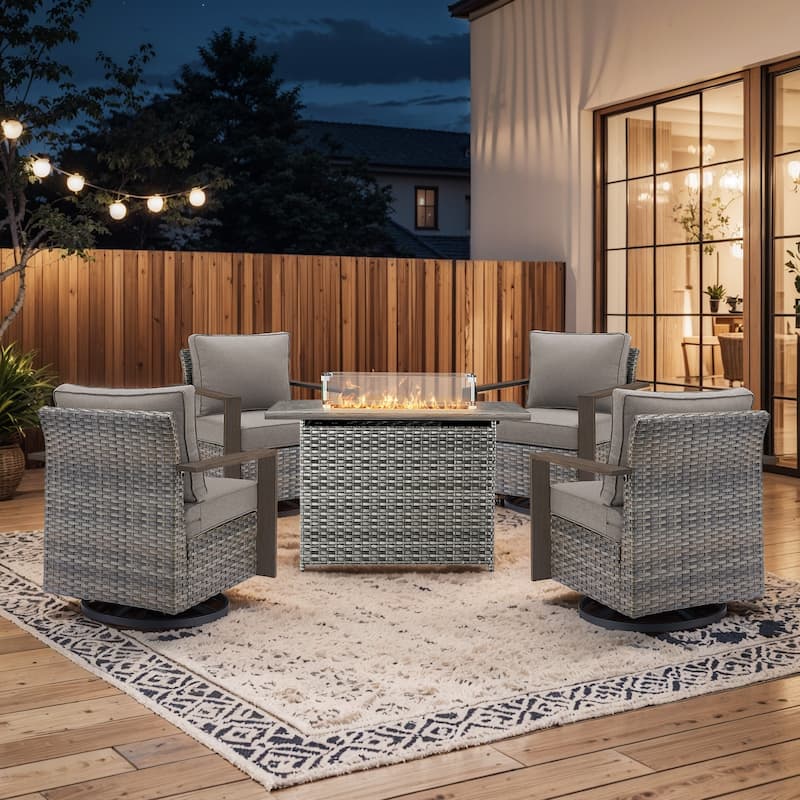 Pocassy 5 Pieces Outdoor Swivel Chair with Fire Pit Table Set - Gray cushion - Gray Wicker