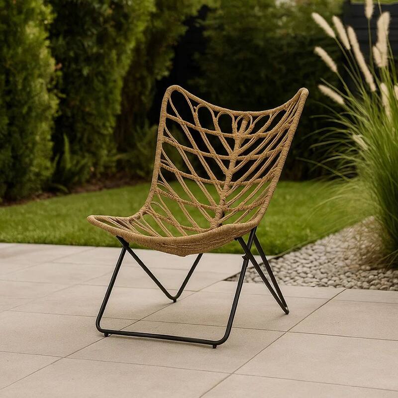 Fordy Outdoor Chair Set of 2, Curved Seat, Brown Rattan, Black Metal