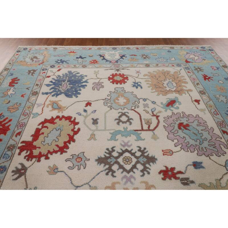 Beige / Ivory Floral Oushak Area Rug Hand-Knotted Wool Carpet - 9'1" x 11'9"