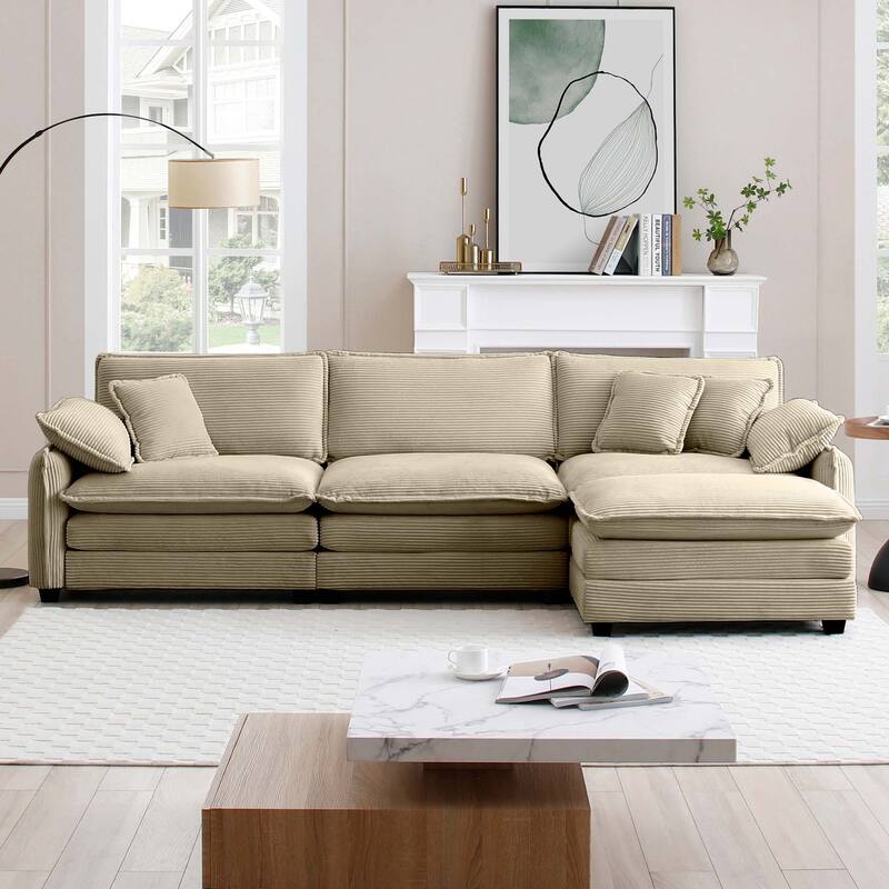 4-piece Corduroy Upholstered L-Shaped Modular Sectional Sofa with Removable Ottoman, 5 Pillows, and Free Combination
