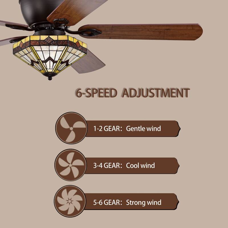 Lymelyn 52-Inch Flushmount Lighted Ceiling Fan Ivory Geometric Tiffany Glass Lamp Black Finish