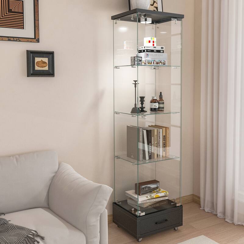 Modern Glass Display Cabinet with Drawer and LED lights for Living Room and Bedroom