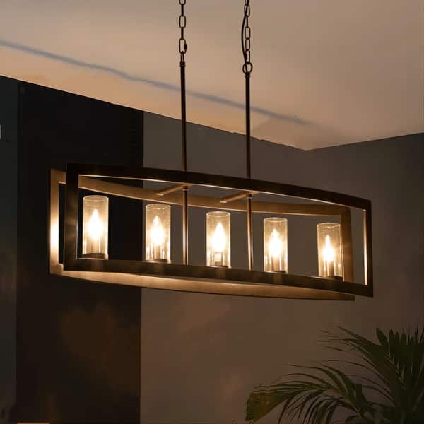 slide 2 of 23, 5-Light Mid-Century Modern Industrial Linear Kitchen Island Pendant Vintage Rectangle Glass Chandelier Oil Rubbed Bronze