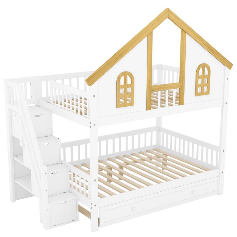 GDFStudio -DreamCottage Modern Wooden House Roof Bunk Bed with Storage Drawers and Staircase