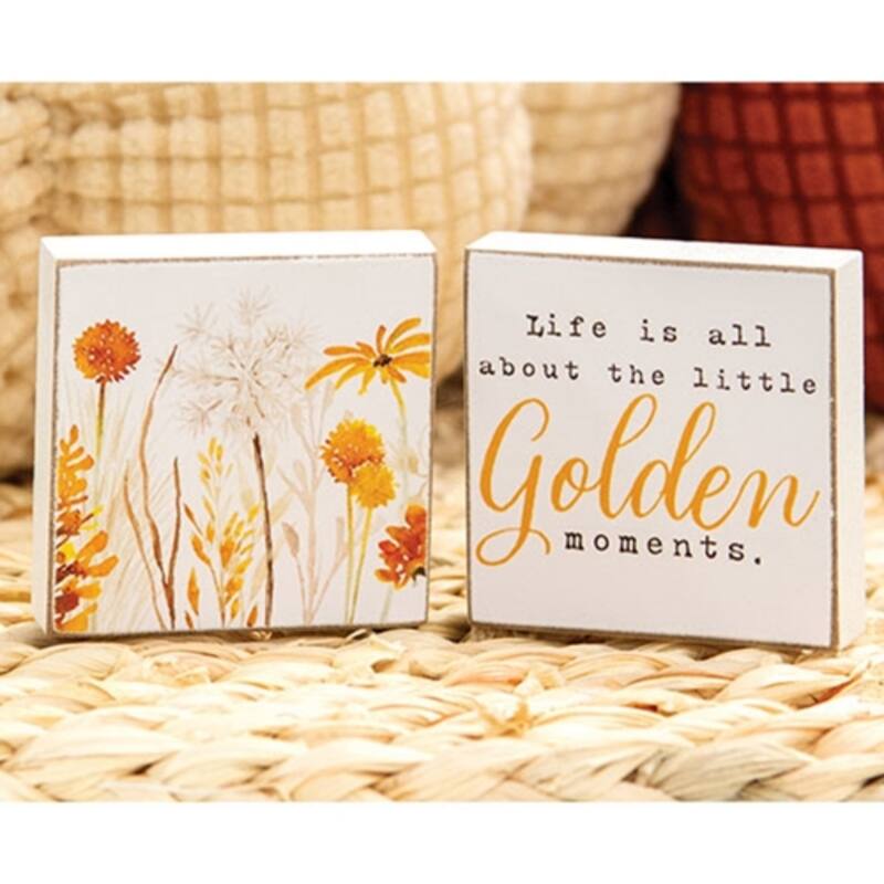 Rustic White Wooden Fall Decor Blocks Set of 2 with Golden Wildflowers and Inspirational Quote - 2" H x 2" W x .5" D