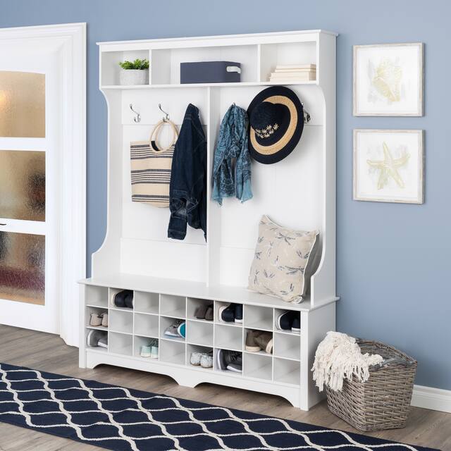 Prepac Hall Tree with Bench and Shoe Storage - 60" Wide Hall Tree with 24 Shoe Cubbies - fresh white