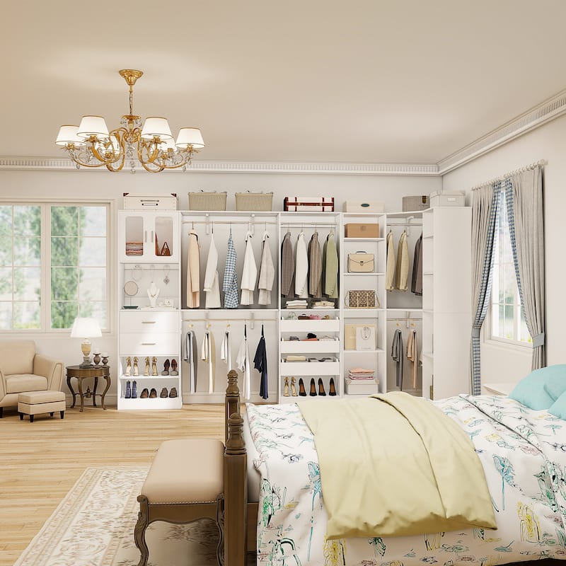100" × 100" Closet System With Door and Wooden Drawers, Closet Organizer with 5 Hanging Rods and 20 Storage Shelves