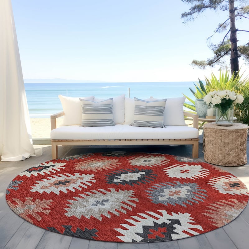 Machine Washable Indoor/ Outdoor Boho Tribal Chantille Rug - Red - 8' x 8'