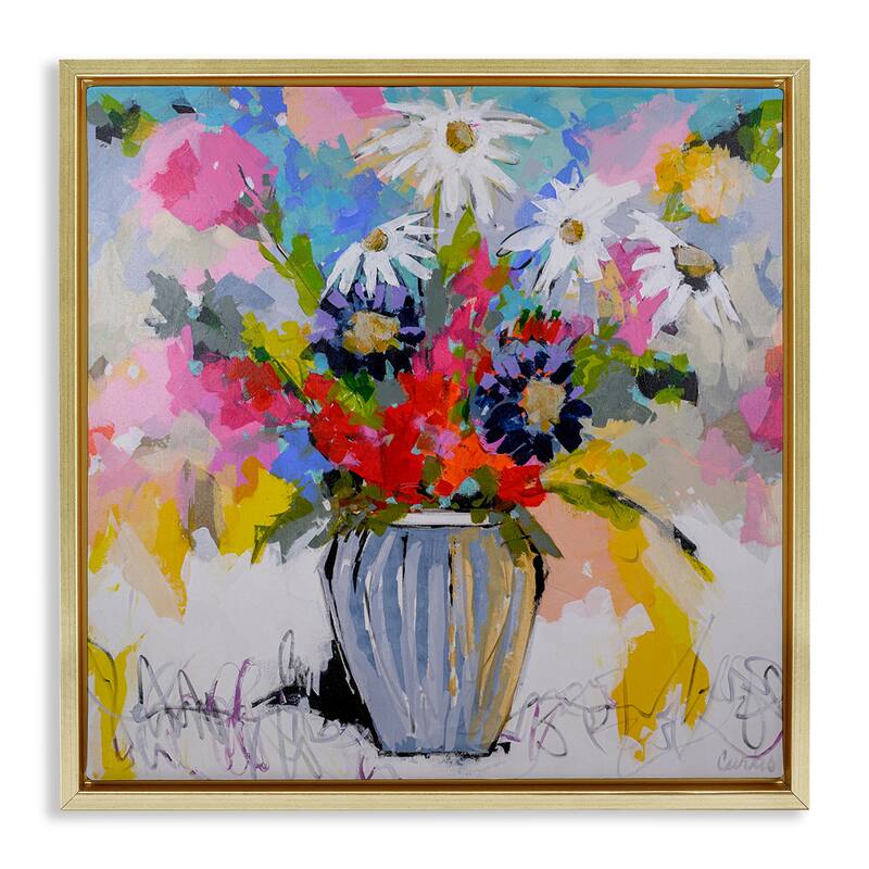 Stupell Bright Clustered Flowers Framed Floater Canvas Wall Art Design By Joan Curtis - 18 x 18 - Gold
