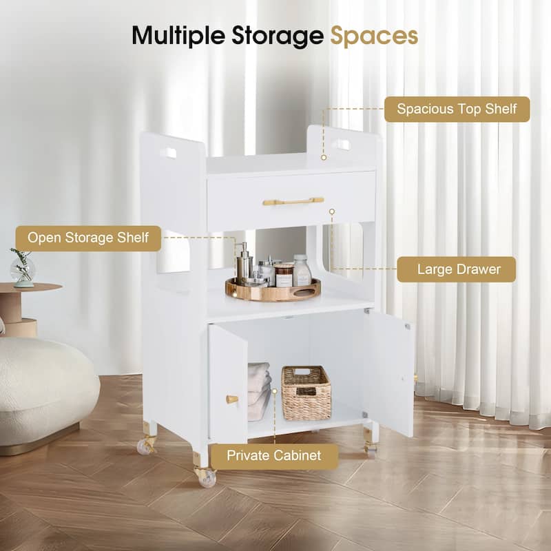 White Rolling Trolley Cart with Cabinet & Lockable Wheels - 13.8"D x 18.89"W x 31.7"H